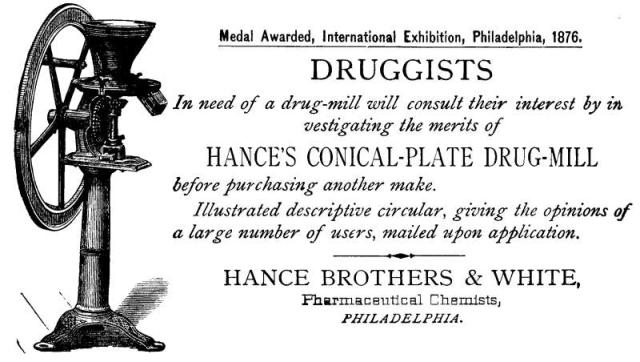 Ad: Hance's Conical-Plate Drug-Mill.